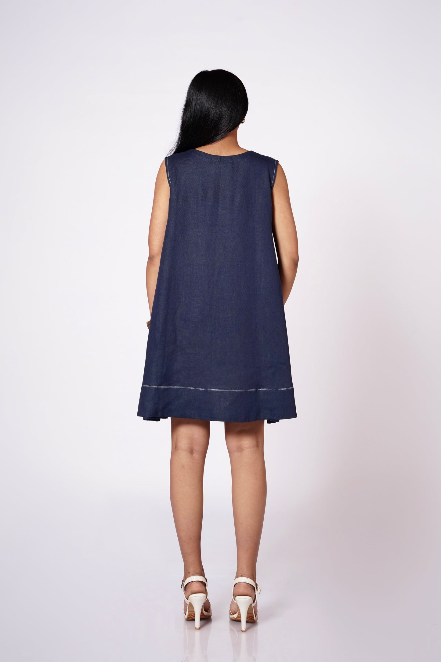 DENIM BLUE LINEN V-NECK DRESS