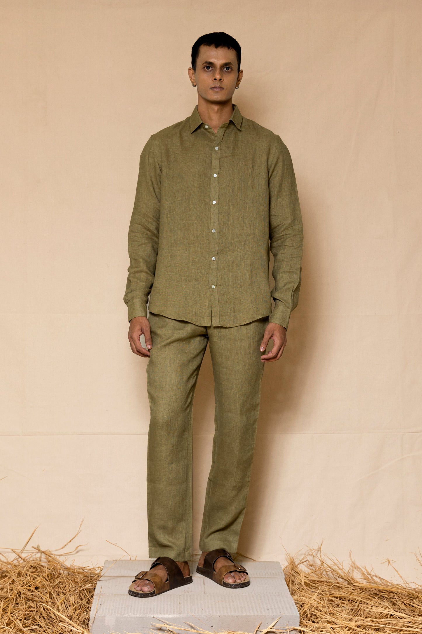 Olive Green Men's Linen Regular Collar Shirt