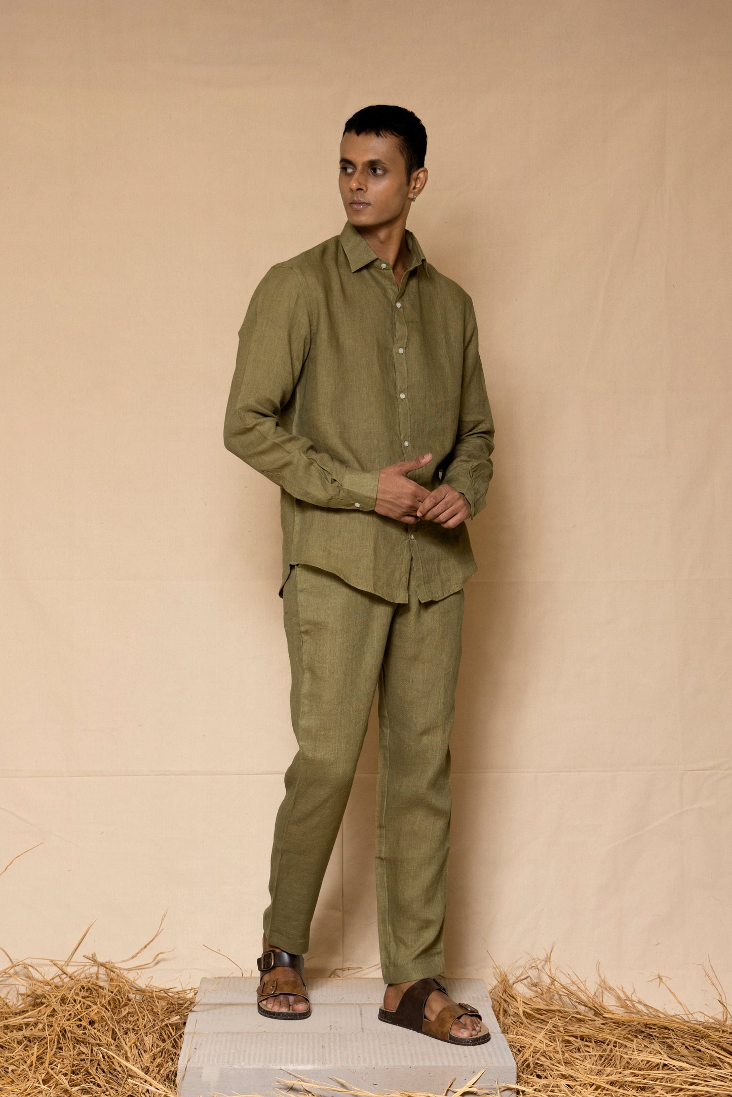 Olive Green Linen Pants for Men