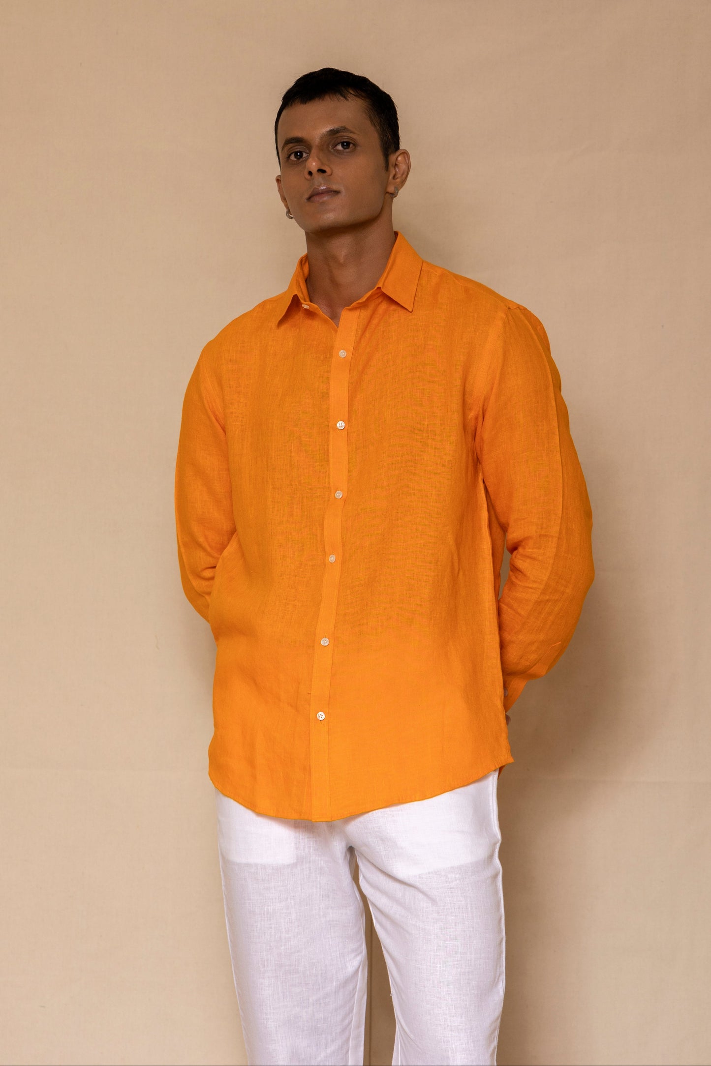 Orange Men's Linen Regular Collar Shirt