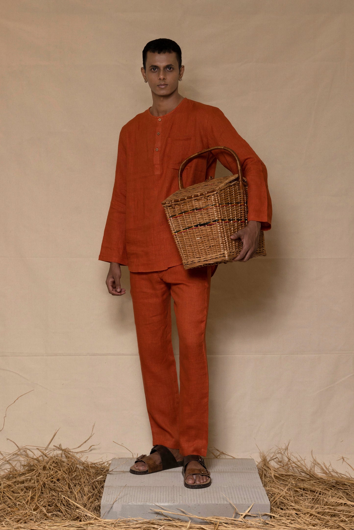 Rust Linen Men's Short Kurta Set