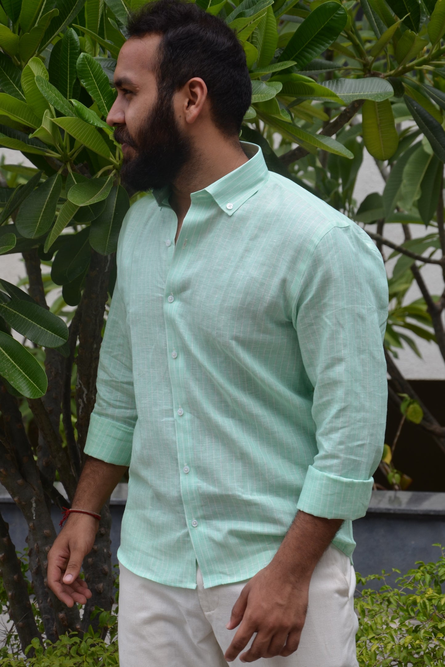 Mint Green full-sleeves Linen shirt with strips and collar | Mint green Linen shirt | linen shirt | linen shirt with collar | linen shirt for men | Button down collar | Button down collar linen shirt for men