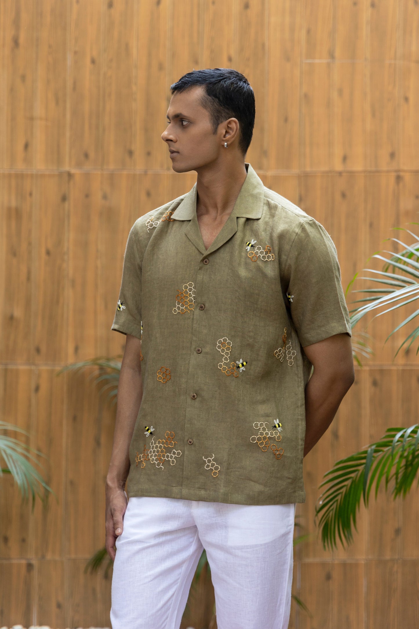 HONEYCOMB AFFAIR- EMBROIDERED PURE LINEN SHIRT MEN