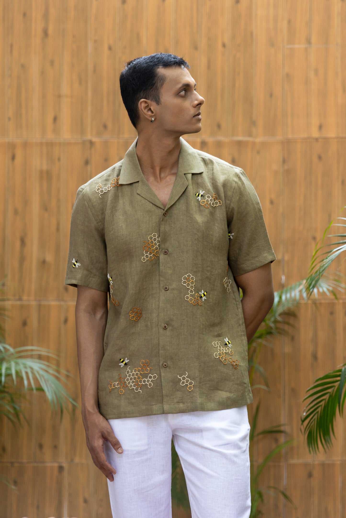 HONEYCOMB AFFAIR- EMBROIDERED PURE LINEN SHIRT MEN