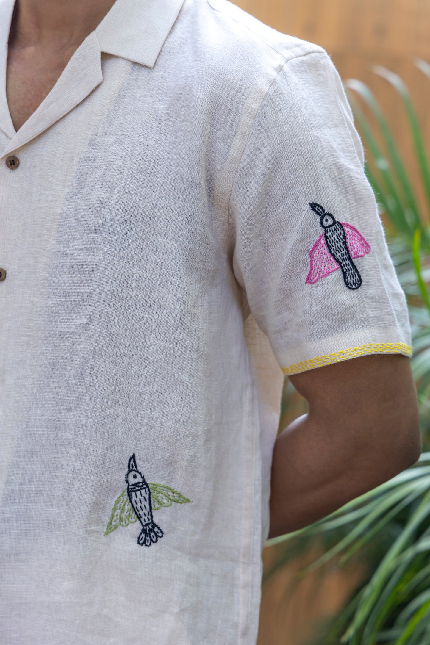 FEATHERED TALES - EMBROIDERED PURE LINEN SHIRT MEN