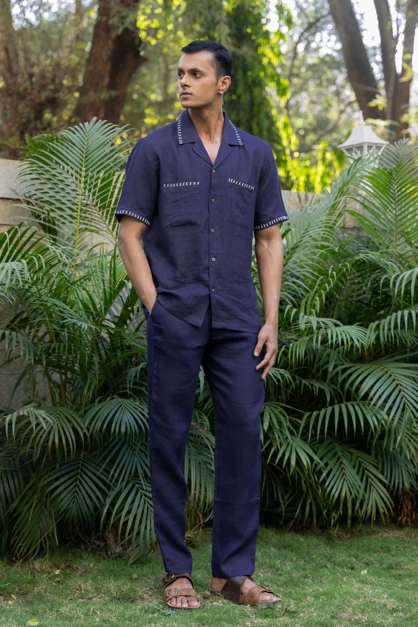 CRISS CROSS - EMBROIDERED PURE LINEN SHIRT MEN