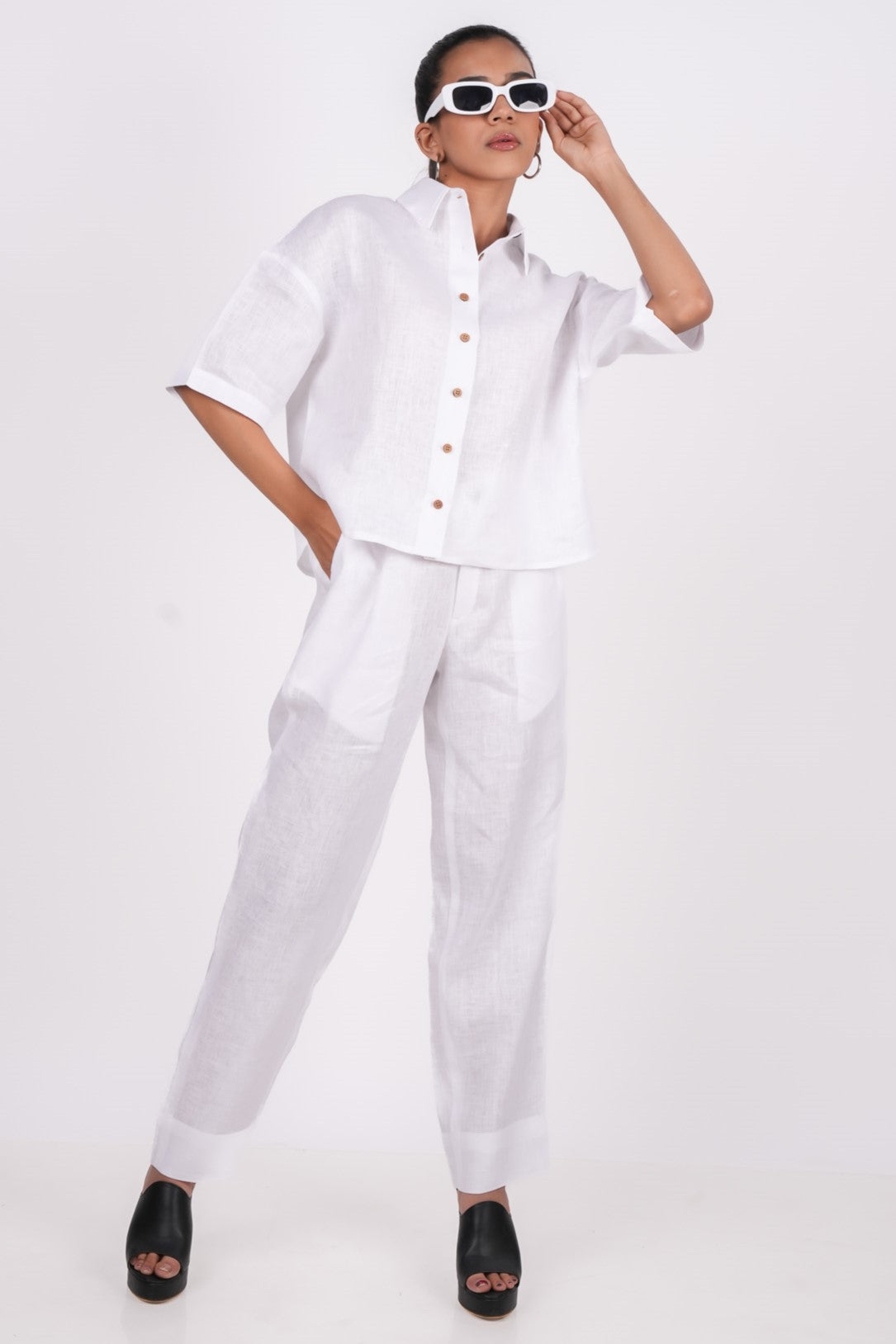 Pearl White Co-ord Set- Includes Pair of Shorts and Chinese Collar shirt