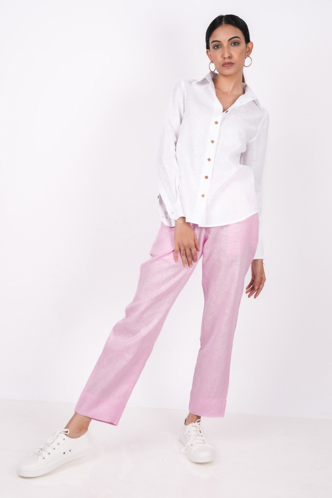 Baby Pink Linen Pants for women | Flat Front Linen Pants | Linen Pants with wooden button | Linen pants for women | Pink Linen Pants | Half elastic Linen pants | Pure Linen Pants | Comfortable Linen pants | Linen pants with pockets | Linen Shirt | White linen shirt paired with ink linen pants | Regular collar white linen shirt | Wooden Buttons