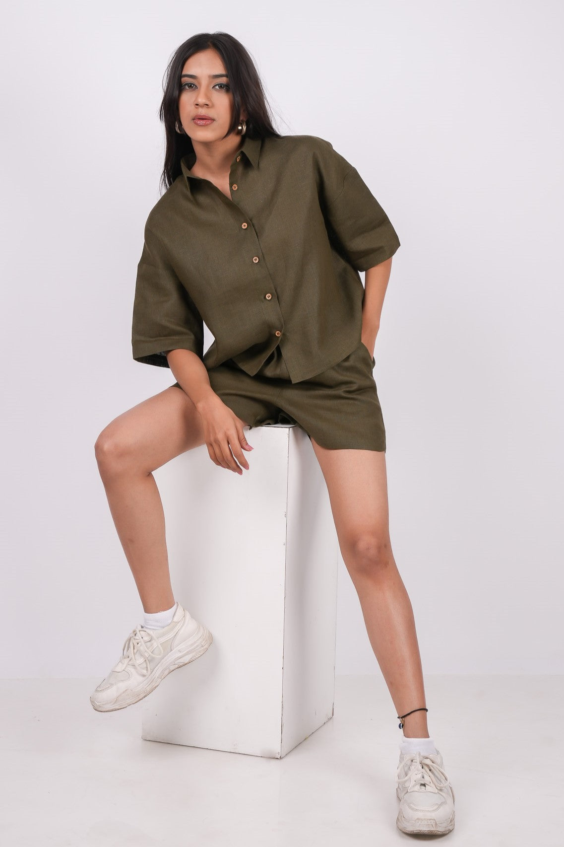 Forest Green Linen Co-Ord Set - Includes Pair of Shorts and Half Sleeves Drooping Shoulder Shirt