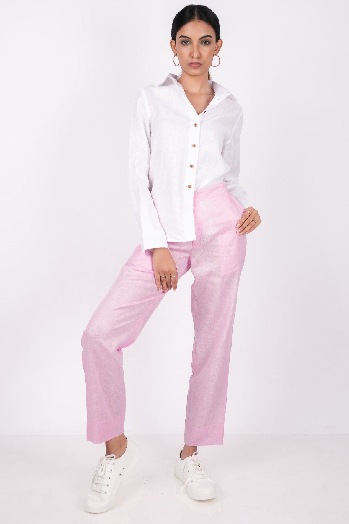 Baby Pink Linen Pants for women | Flat Front Linen Pants | Linen Pants with wooden button | Linen pants for women | Pink Linen Pants | Half elastic Linen pants | Pure Linen Pants | Comfortable Linen pants | Linen pants with pockets | Wooden button regular collar linen shirt for women | Linen Shirt for women