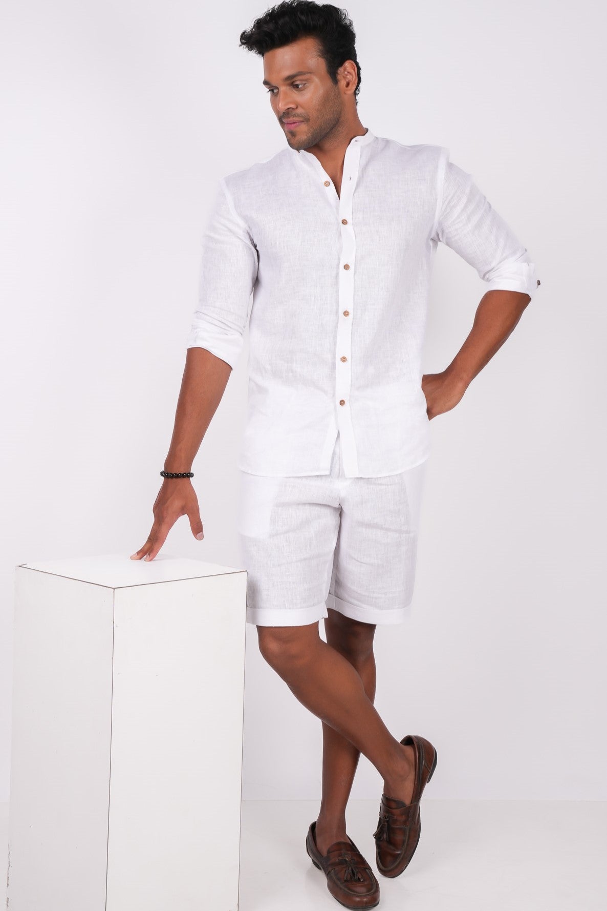 Pearl White Co-ord Set- Includes Pair of Shorts and Chinese Collar shirt