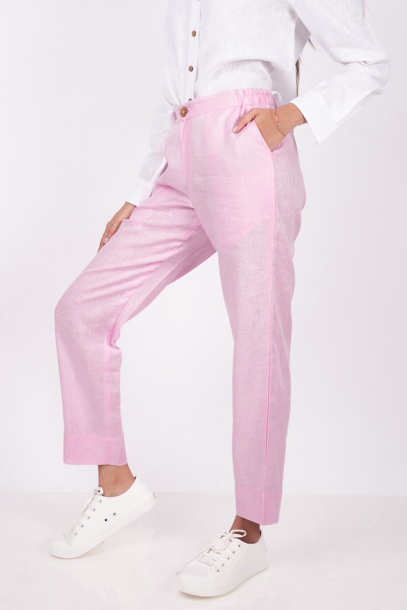 Baby Pink Linen Pants for women | Flat Front Linen Pants | Linen Pants with wooden button | Linen pants for women | Pink Linen Pants | Half elastic Linen pants | Pure Linen Pants | Comfortable Linen pants | Linen pants with pockets