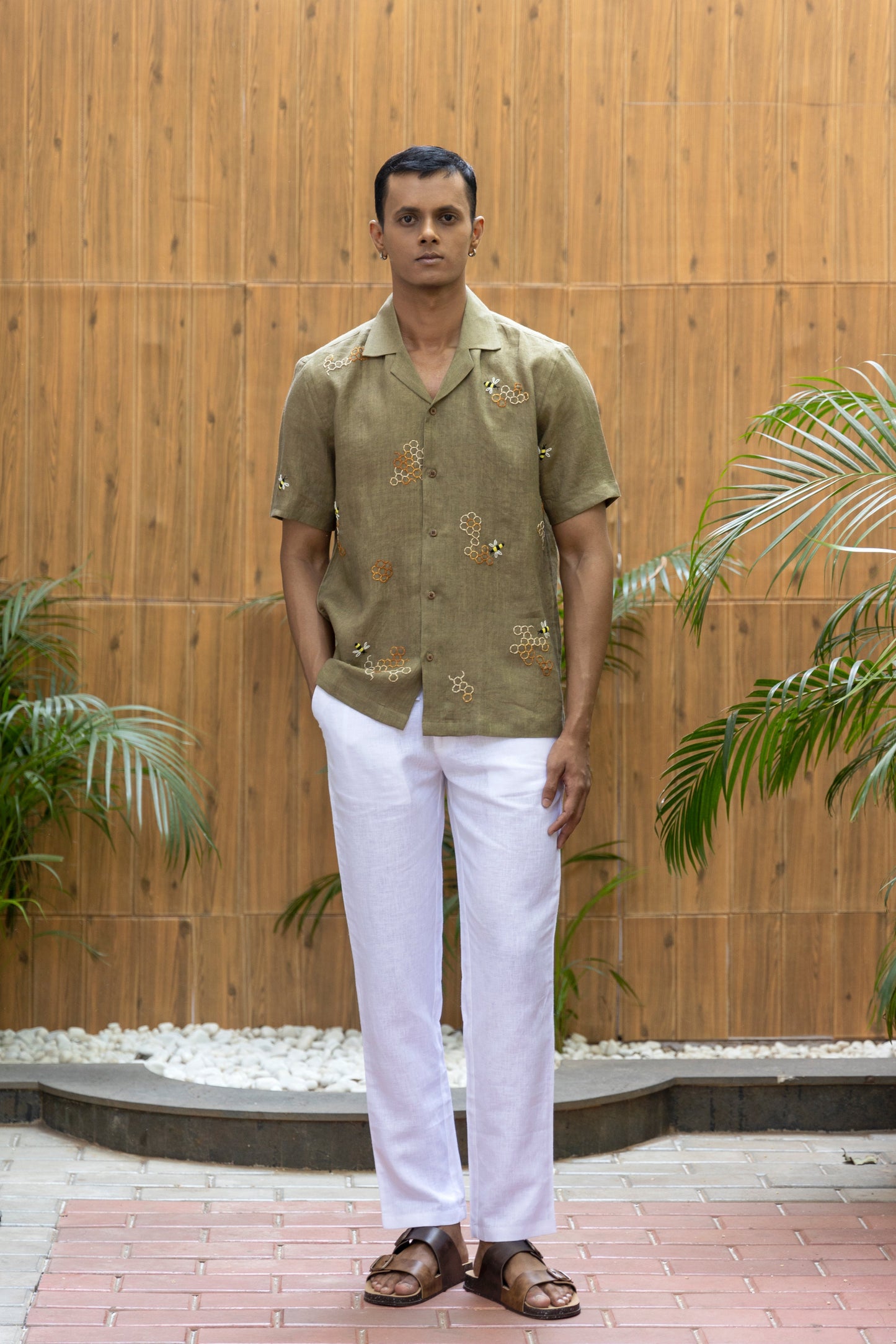 HONEYCOMB AFFAIR- HAND EMBROIDERED UNISEX PURE LINEN SHIRT