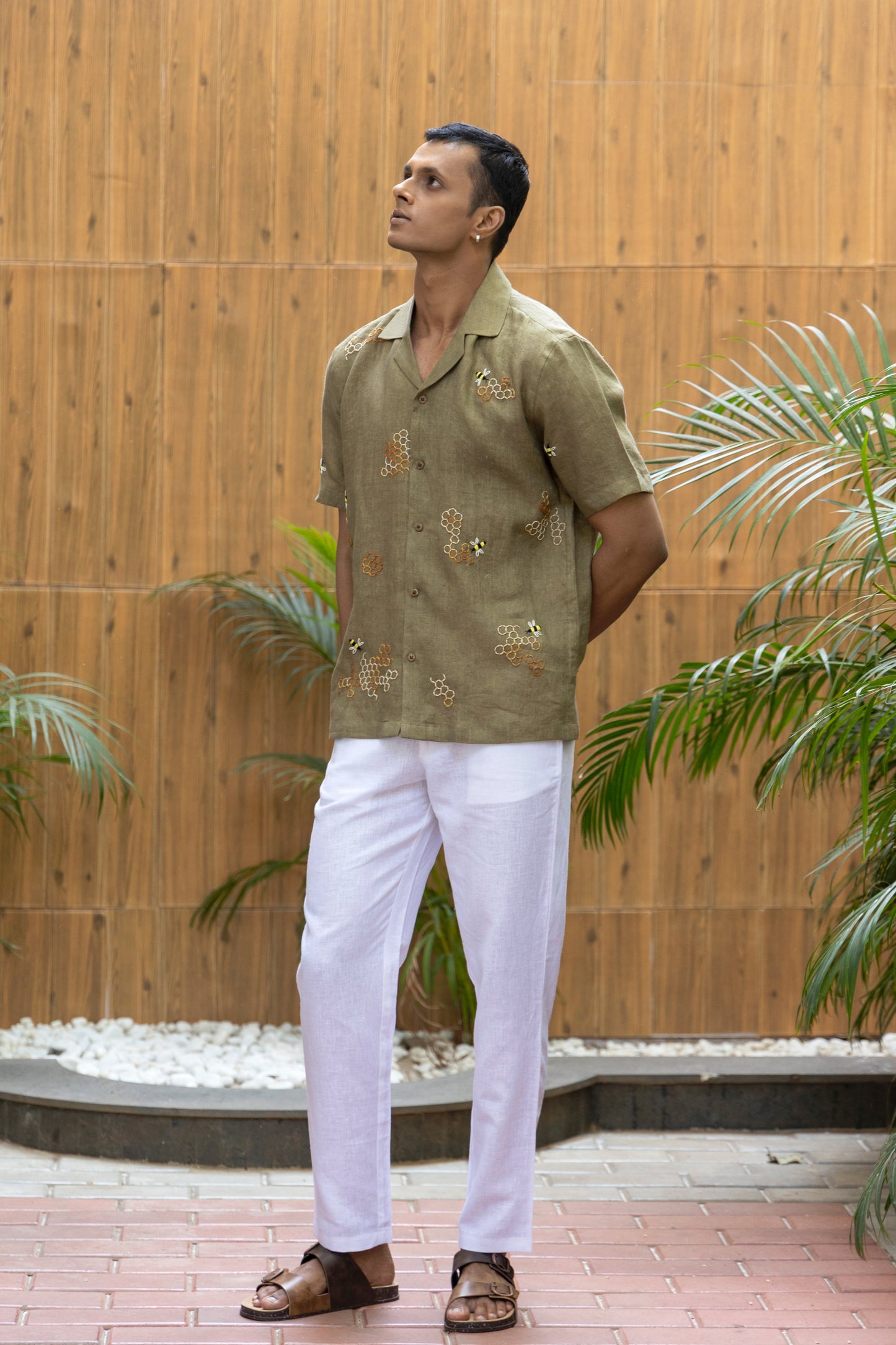 HONEYCOMB AFFAIR- HAND EMBROIDERED UNISEX PURE LINEN SHIRT