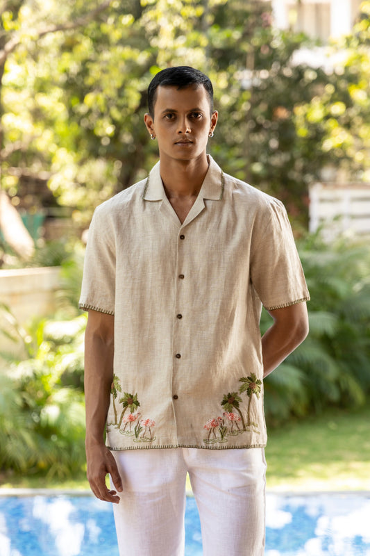 FLAMINGO BAY - HAND EMBROIDERED UNISEX PURE LINEN SHIRT