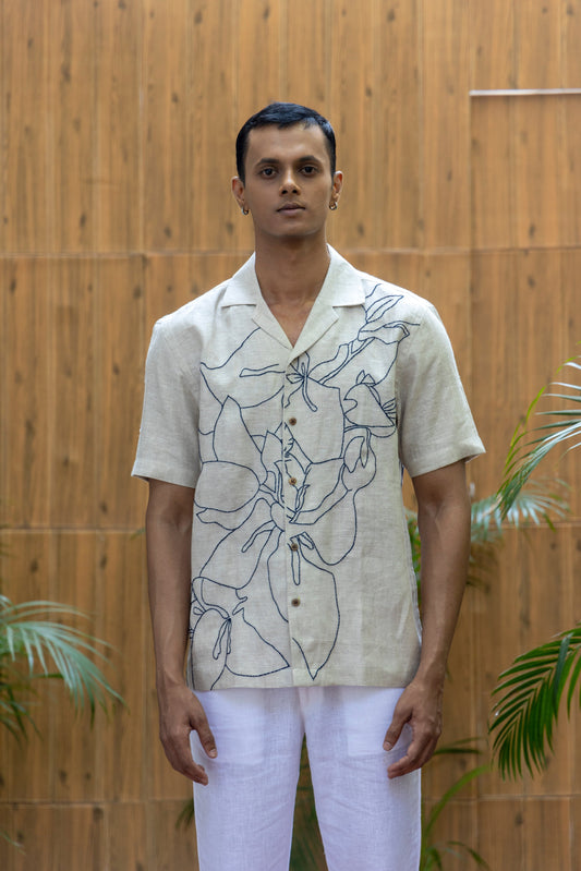 BOUGAINVILLEA BLISS - HAND EMBROIDERED UNISEX PURE LINEN SHIRT