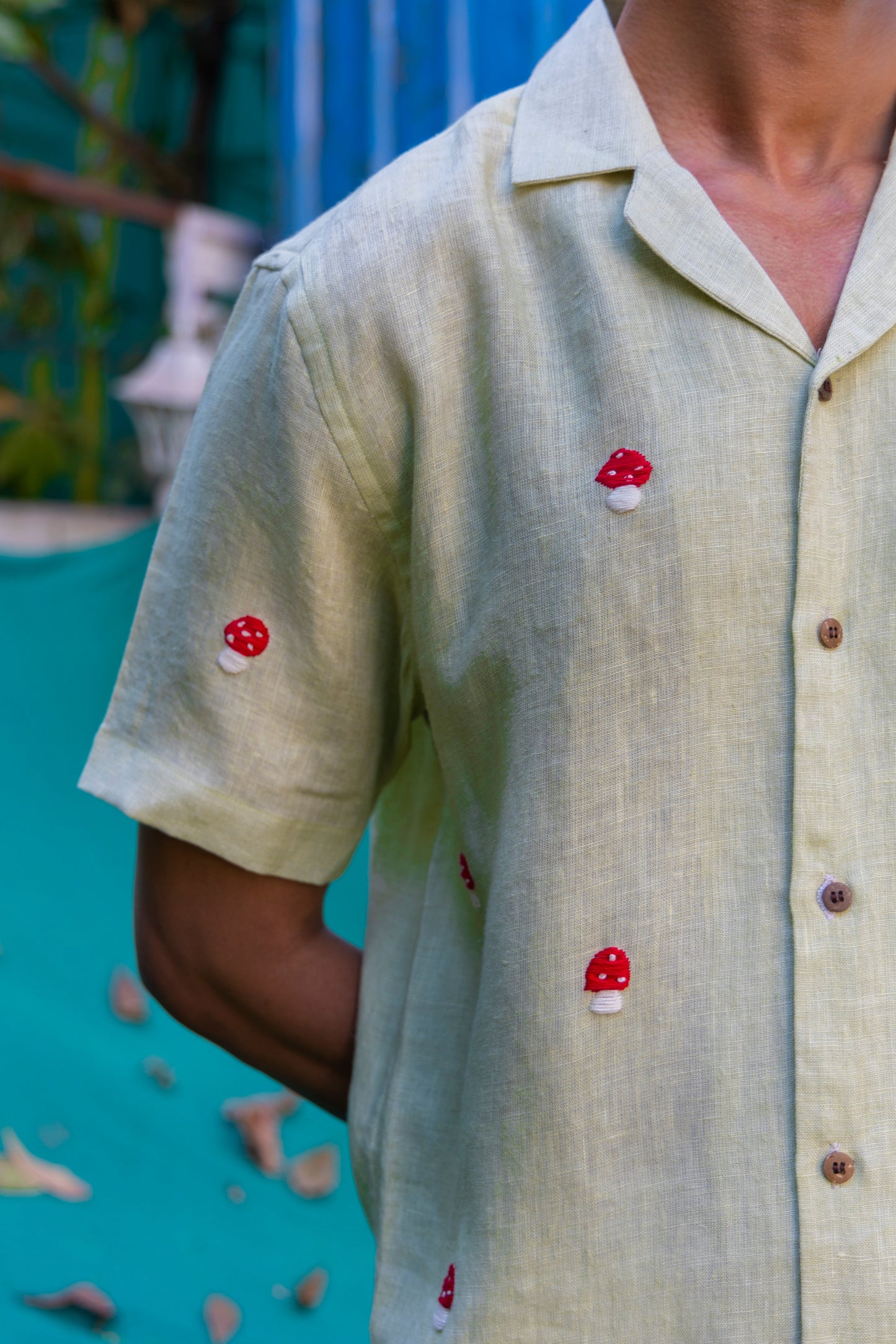 MAGIC MUSHROOMS - HAND EMBROIDERED UNISEX PURE LINEN SHIRT