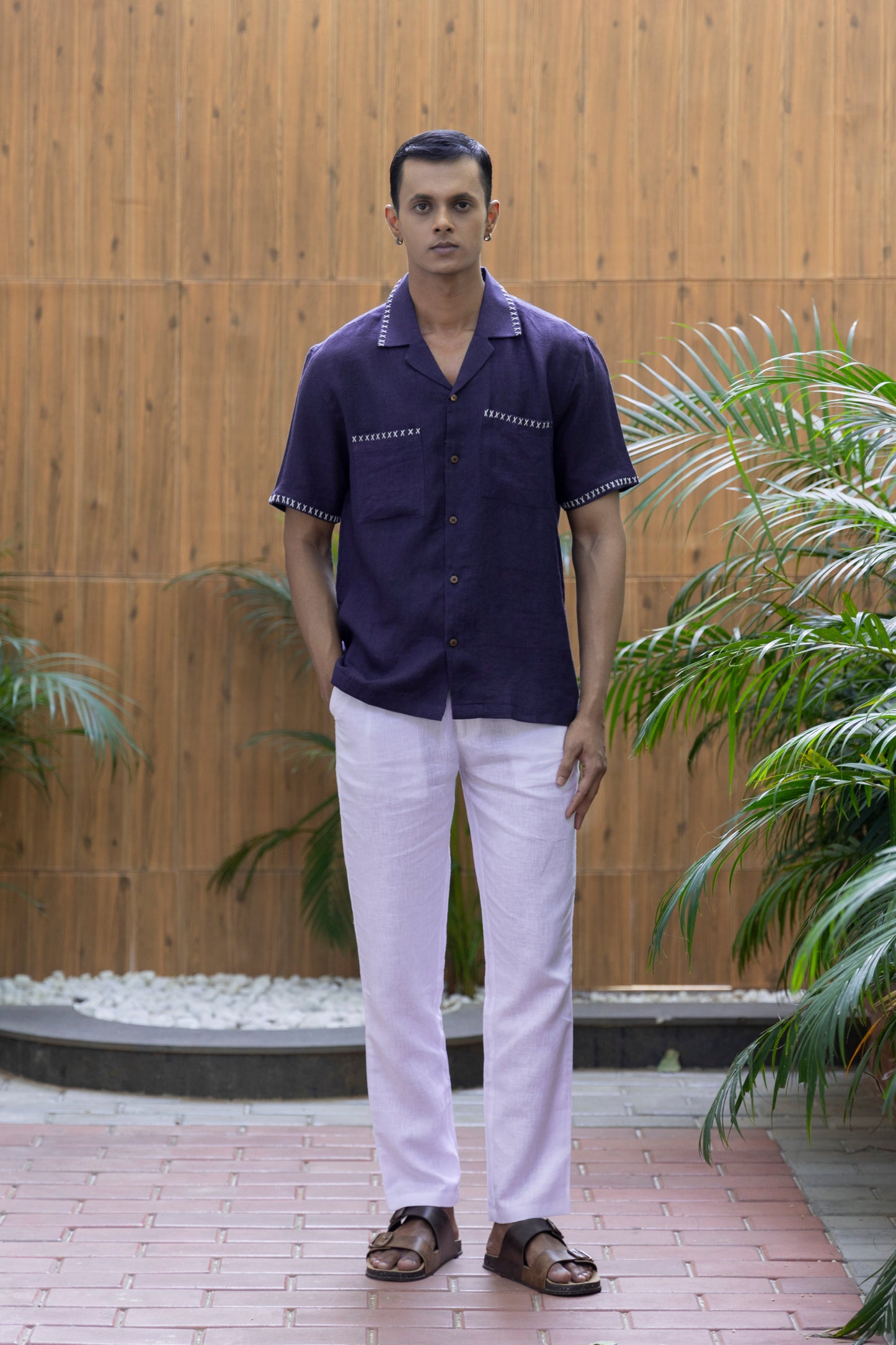CRISS CROSS - - HAND EMBROIDERED UNISEX PURE LINEN SHIRT