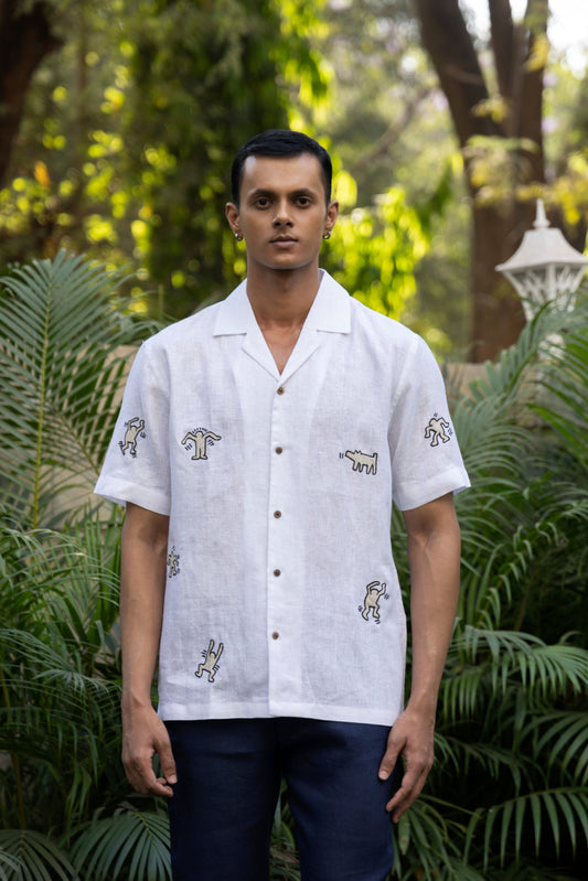 HARING HUES - HAND EMBROIDERED UNISEX PURE LINEN SHIRT