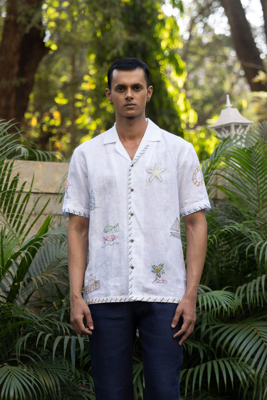 BEACH BLISS – HAND EMBROIDERED UNISEX PURE LINEN SHIRT